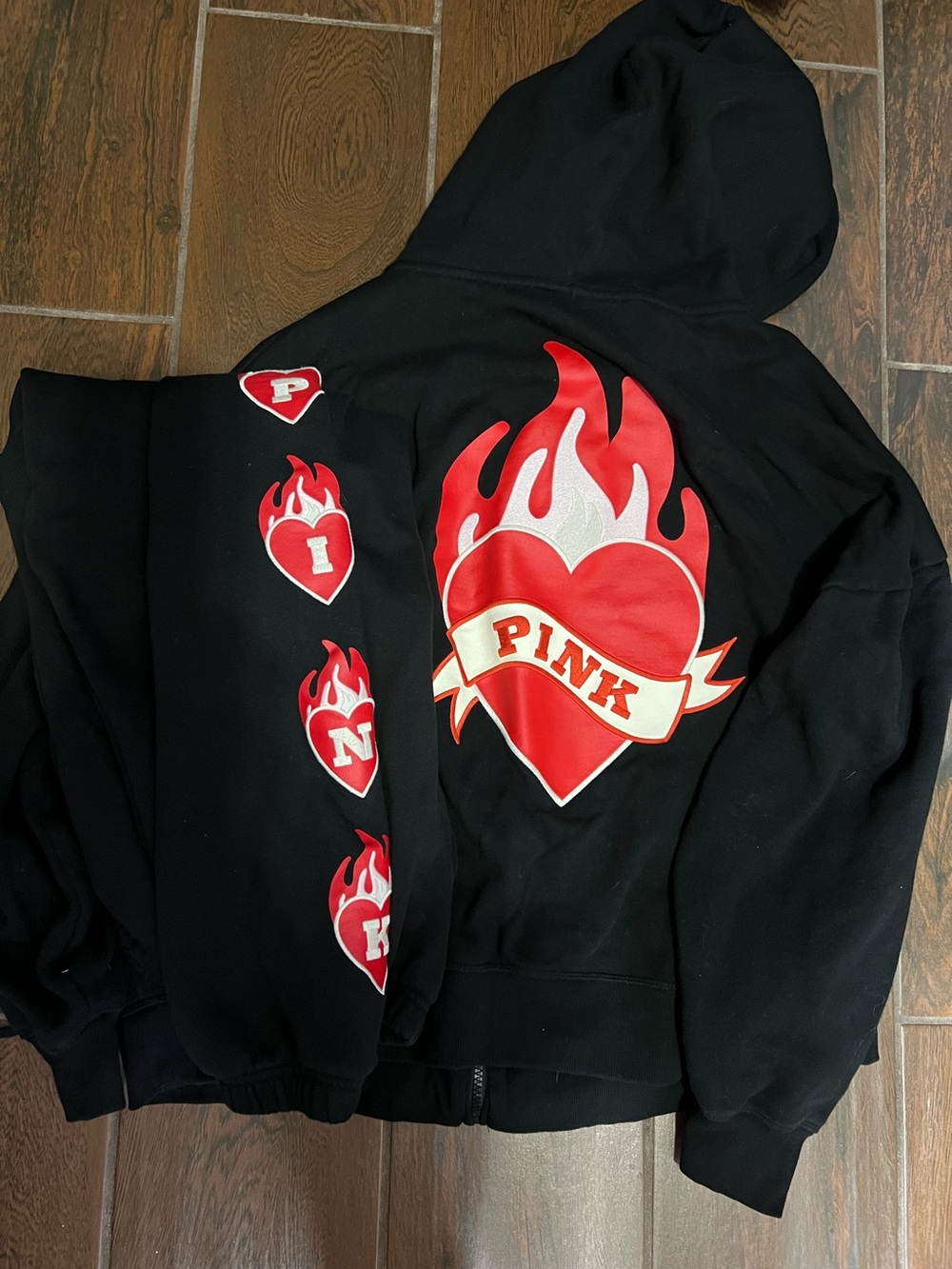 PINK Victorias Secret Fire Heart Embroidered Black Tracksuit 2 Piece Set XXL